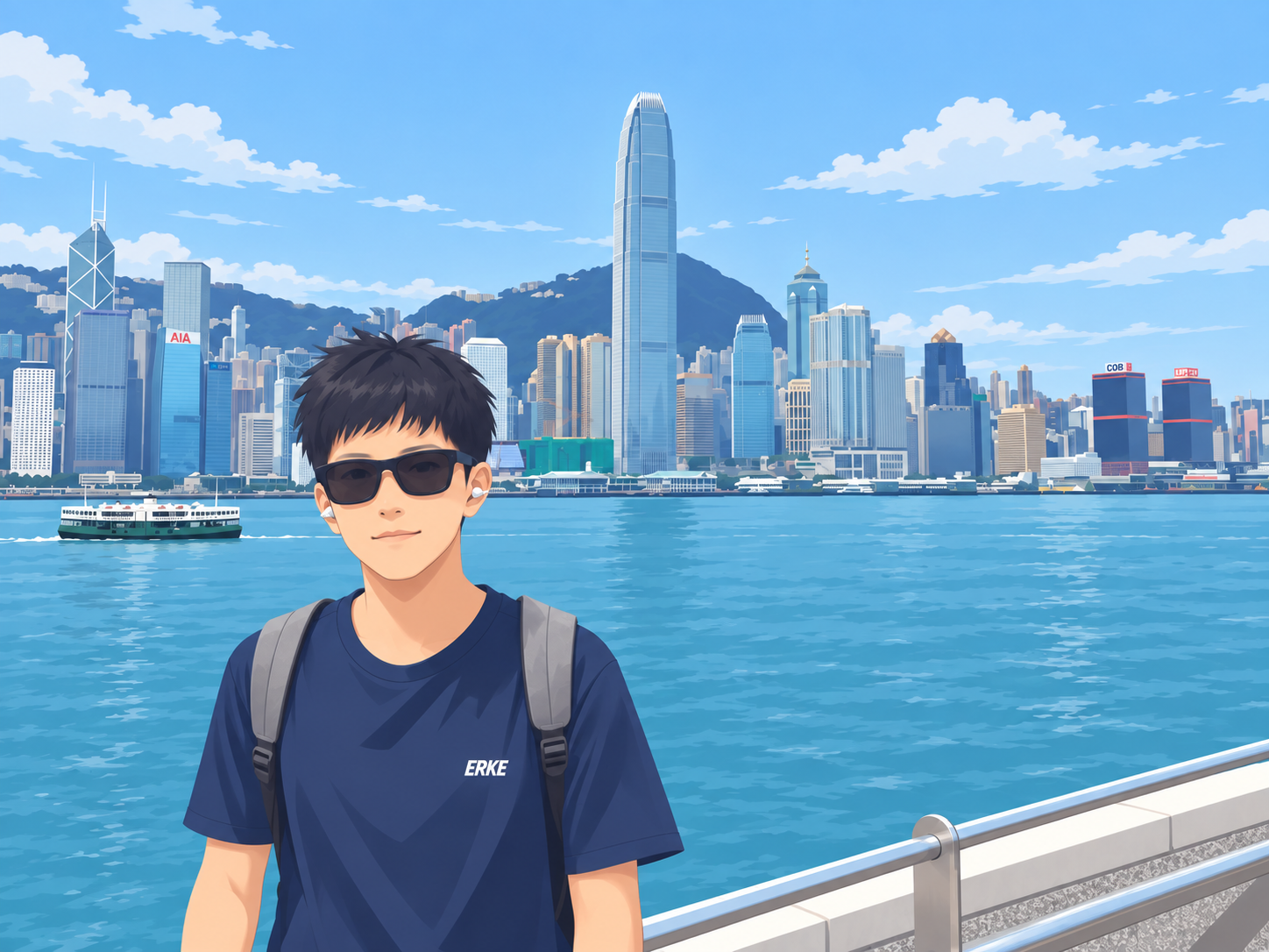 Kevin Li 的个人插画头像，背景为蓝色海港与城市天际线
